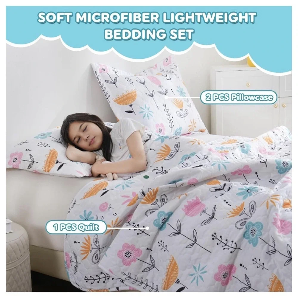Girls Pink Floral Quilt Set Full Size‎ Kids Bedding Set